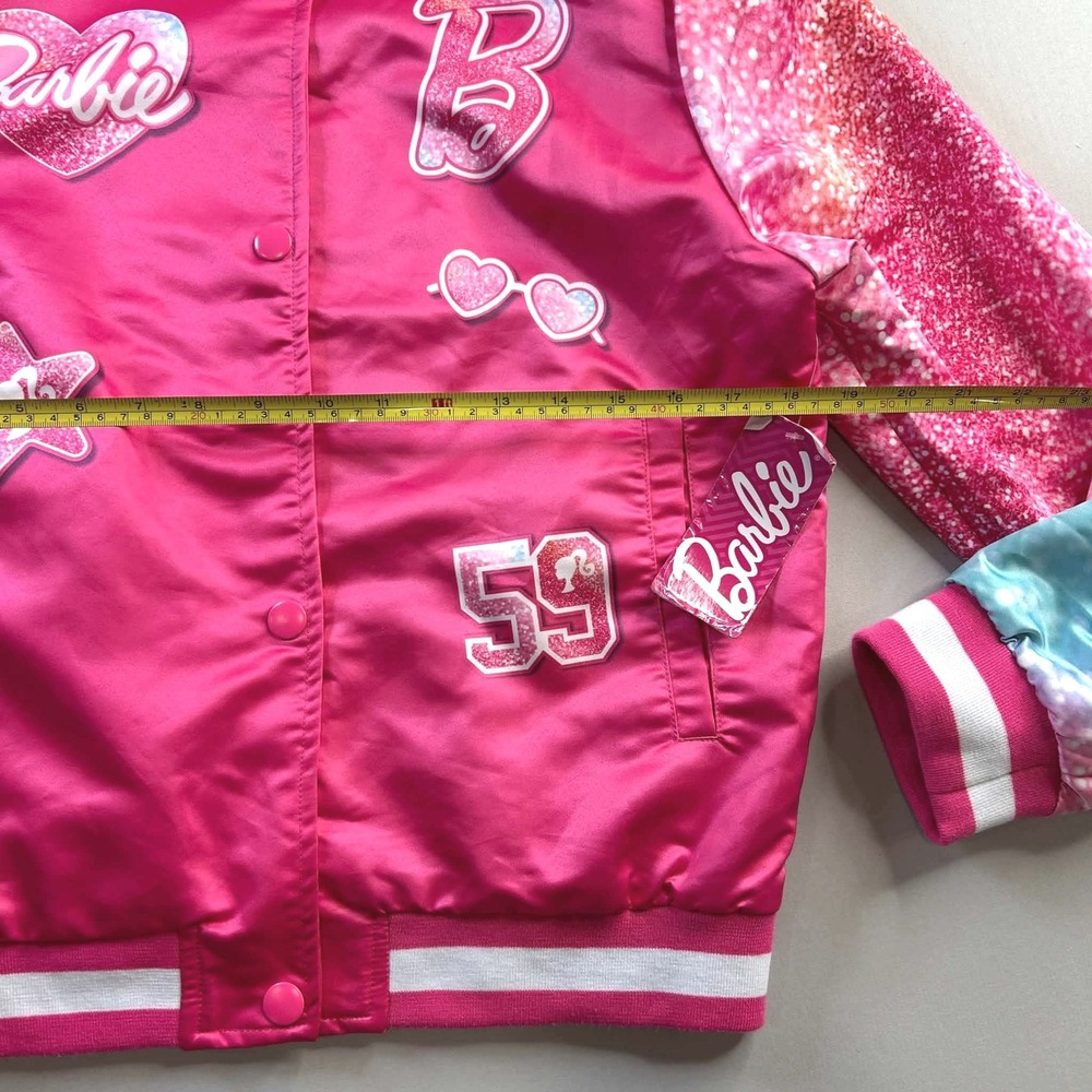 Barbie Girls Pink Varsity Bomber Jacket Glitter Ombre Sleeves Size 14/16 NWT - Picture 5 of 7